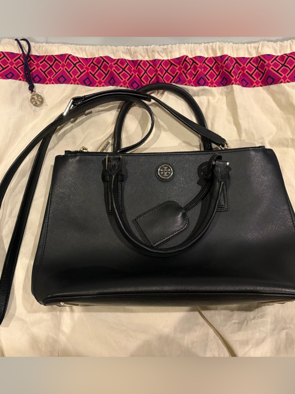 Tory Burch Black Leather Double-Handle Satchel with Crossbody Strap